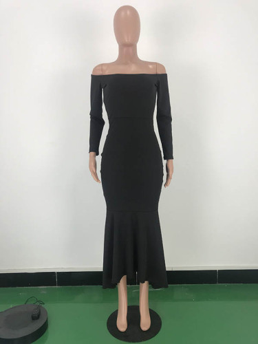 Solid Color Off Shoulder Plaid Maxi Dress
