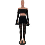 Sexy Mesh Pleated Off Shoulder Crop Top and Pant