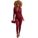 Solid Color Zip Knitting Jumpsuit
