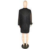 Chiffon Long Sleeve Mini Dress with Fringed Shawl