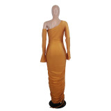 Solid Color Flared Sleeve Off Shoulder Pleated Dress