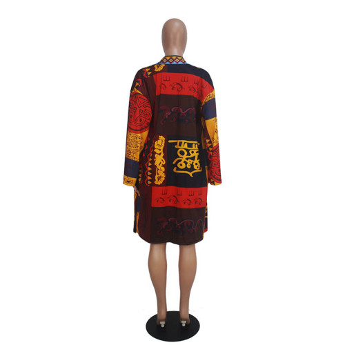 Casual Totem Print Cardigan Trench Coat