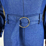 Solid Color Denim Fringed Jumpsuit with Belt