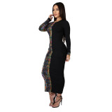 Colorful Snakeskin Stitching Patch Pocket Gradient Dress