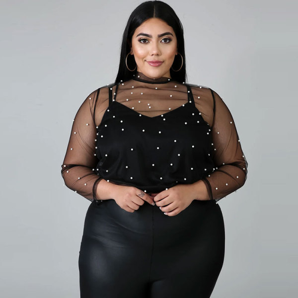 Casual Embroidered Beaded Mesh See-through Two Piece Top