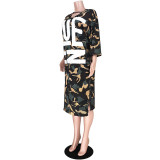 Letter Camouflage Printed Pocket Split Midi Dress