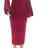 Solid Color Puff Sleeves Suede Mid Dress
