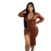 Deep V-neck Short Leather Mini Dress