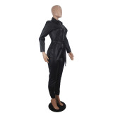 PU Leather Zip Tight Jumpsuit with Belt