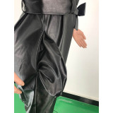Solid Color Fleece Zip Leather Jumpsuit