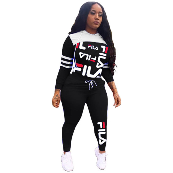 Printed Stitching Hooded Sports Two Piece Set