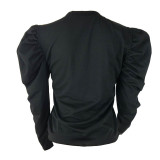 Solid Color Imitation Cotton Puff Sleeve Burnt Hole Top