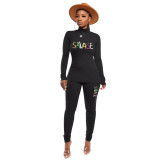 Solid Color Embroidered Turtleneck Letter Two Piece Outfit