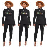 Solid Color Embroidered Turtleneck Letter Two Piece Outfit
