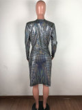 Bronzing Long Sleeve V Neck Split Midi Dress