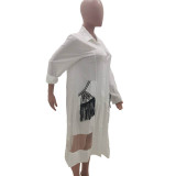 Casual Stitching Mesh Cardigan Shirt Midi Dress