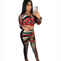 Casual Printed Stitching Long Sleeve Crop Top and Trousers