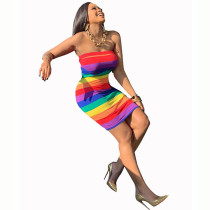 Casual Printed Rainbow Strapless Mini Dress