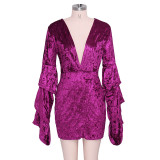 Deep-V Sexy Velvet Club Dresses with Wide Sleeves