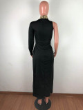 Sexy Applique Slit Long Dress with Single Sleeve