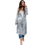 Casual Silver Sequins Long Coat with Belt