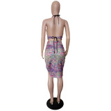 Halter Printed Lace Up Deep V Top and Split Skirt 