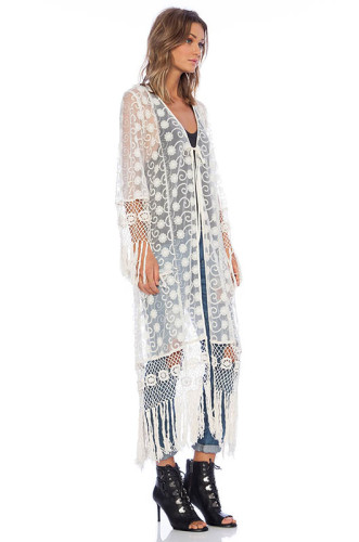 Mesh Embroidered Fringed Beach Cardigan
