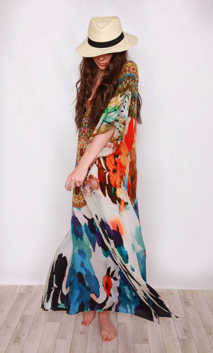 Cotton Positioning Printed Cover Up Beach Dress