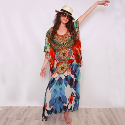 Cotton Positioning Printed Cover Up Beach Dress