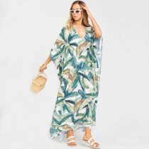 Leaf Print V Neck Beach Dress
