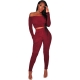 Wine Ribbed Knit Off Shoulder Two Piece Set
