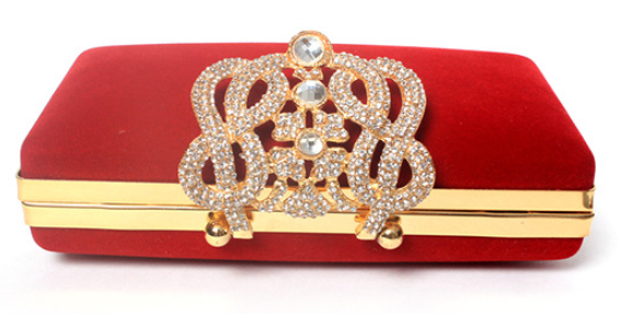 Simple Handbag Rhinestone Golden Velvet Crown Suede Ladies Bridal Bag