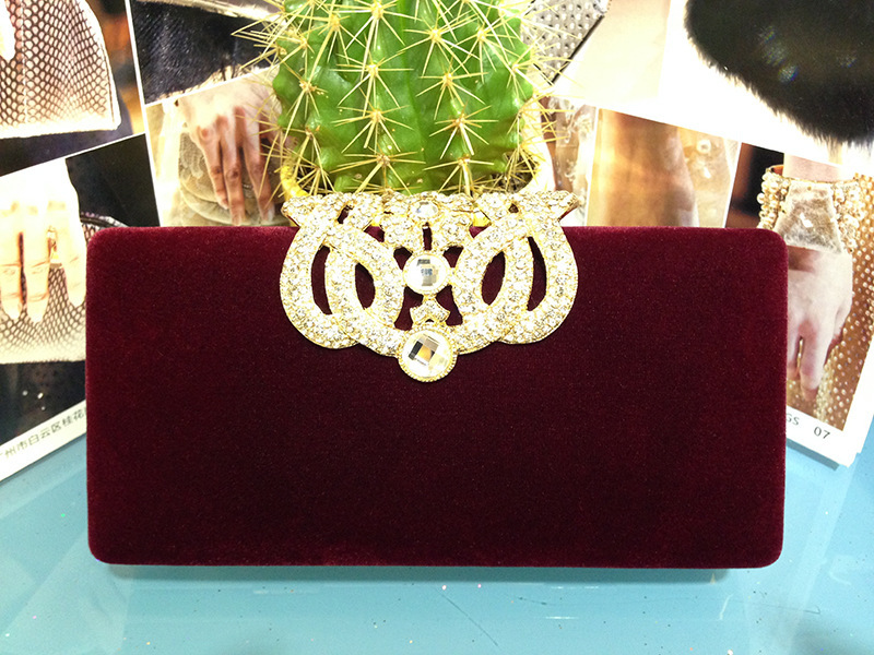 Simple Handbag Rhinestone Golden Velvet Crown Suede Ladies Bridal Bag