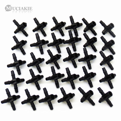 MUCIAKIE 100PCS 4-Branches Barbed Connectors for 3/5mm Hose Coulping Adaptors Flat End Inner Dia 4.1mm Irrigation Fittings