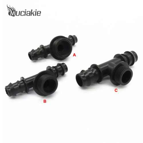 MUCIAKIE 1 Piece 1/2'' (3/4'') Thread to 16mm (20mm) PE Watering Pipe Barbed Tee Connetors Micro Irrigation Fittings