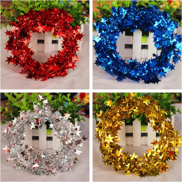 22.5 feet Glittering Red (yellow, green, blue, rose red, silver) Star Shaped Tinsel Wire Garland Christmas Tree Decoration