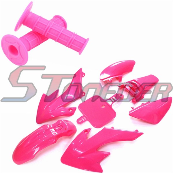 STONEDER Pink Plastic Fairing Body Fender Kits + Soft Rubber Throttle Handle Grips For Honda XR50 CRF50 Chinese Pit Dirt Trail Bike 50cc 70cc 90cc 110cc 125cc 140cc 150cc 160cc BSE Braaap Taotao