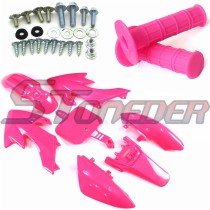 STONEDER Pink Plastic Fairing Body Fender Kits + Soft Rubber Throttle Handle Grips + Mounting Screws For Honda XR50 CRF50 Chinese 50cc 70cc 90cc 110cc 125cc 140cc 150cc 160cc Pit Dirt Trail Bike Pitster Pro YCF SDG