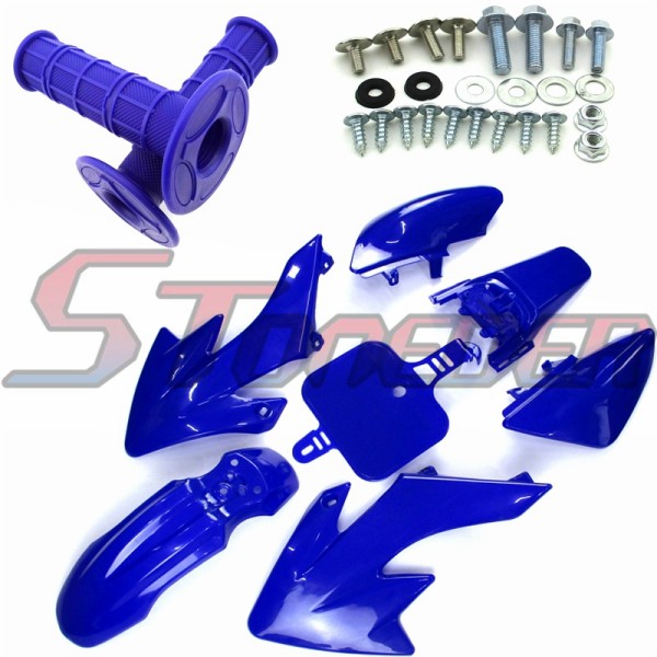 STONEDER Blue Plastic Fairing Body Fender Kits + Soft Rubber Throttle Handle Grips + Mounting Screws For Honda XR50 CRF50 Chinese 50cc 70cc 90cc 110cc 125cc 140cc 150cc 160cc Pit Dirt Dike IMR Coolster YX