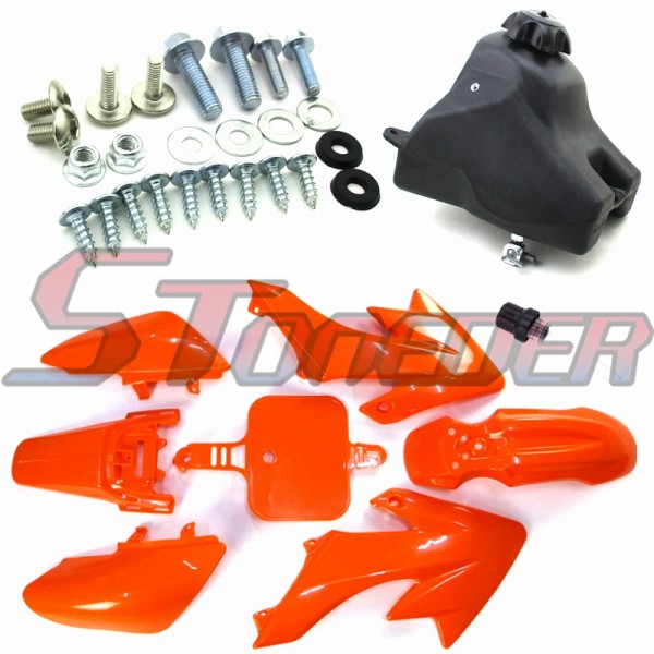 STONEDER Orange Plastic Fairing Fender Body Kits + Mounting Screws + Fuel Tank + Vent Valve For XR50 CRF50 Chinese 50cc 70cc 90cc 110cc 125cc 140cc 150cc 160cc Pit Dirt Trail Motor Bike Kayo Stomp