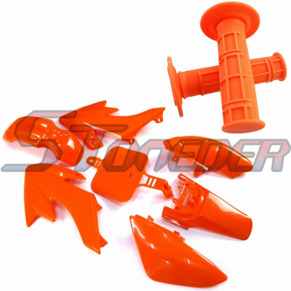 STONEDER Orange Plastic Fairing Body Fender Kits + Soft Rubber Throttle Handle Grips For Honda XR50 CRF50 Chinese Pit Trail Motor Bike Thumpstar Pitster Pro 50cc 70cc 90cc 110cc 125cc 140cc 150cc 160cc