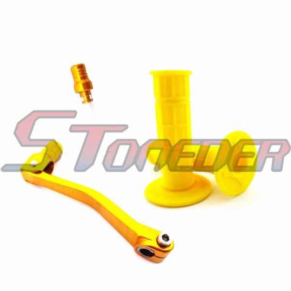 STONEDER Gold 11mm Folding Gear Shifter Lever + Vent Valve + Yellow Soft Rubber Throttle Handle Grips For Chinese Pit Dirt Bike Motorcycle YCF Kayo IMR Braaap 50cc 70cc 90cc 110cc 125cc 140cc 150cc 160cc