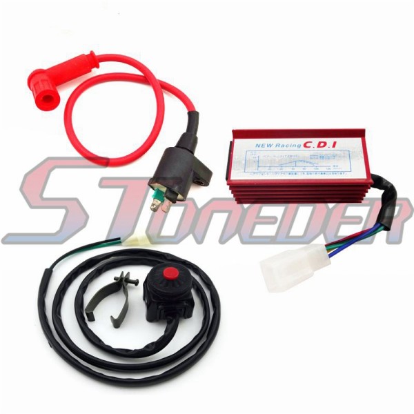 STONEDER Red High Performance Racing Ignition Coil + 5 Pin AC CDI Box + Handle Kill Switch For 50cc 70cc 90cc 110cc 125cc 140cc 150cc Pit Dirt Bike Motorcycle