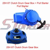 STONEDER Blue 25H 6 Tooth Clutch Drum Gear Box + Aluminum Pull Starter For 2 Stroke Mini Moto Pocket Bike 47cc 49cc