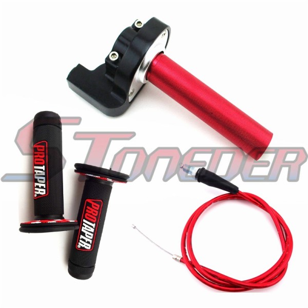 STONEDER 1/4 Turn Aluminum Twsit Handle Throttle + Handle Grips + 108mm 990mm Throttle Cable For 50cc 70cc 90cc 110cc 125cc 140cc 150cc 160cc Pit Dirt Trail Motor Bike Kayo SDG Taotao Apollo IMR