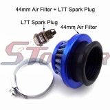 STONEDER Blue 44mm Aluminum Air Filter + White Spark Plug L7T For Pocket Bike Mini Dirt Kids ATV Minimoto 47cc 49cc