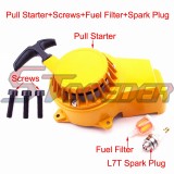 STONEDER Yellow Aluminum Recoil Pull Starter + L7T Spark Plug + Fuel Filter + Screw Bolts For 2 Stroke 47cc 49cc Mini Moto Dirt Kids ATV Pocket Bike Minimoto