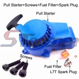 STONEDER Blue Aluminum Recoil Pull Starter + L7T Spark Plug + Fuel Filter + Screw Bolts For 47cc 49cc 2 Stroke Engine Mini Moto Dirt Kids ATV Pocket Bike