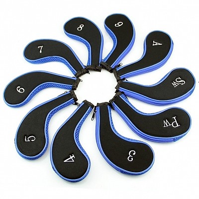 F14403 10Pcs/Set Zippered with Number Golf Club Iron Putter Head Cover Protector Long Neck Neoprene Headcover Set Blue&B