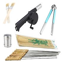 AB13107-A Primitive Outdoor BBQ Barbecue Tools 6 in 1 Kit Kabob Skewers Hand Air Blower Grill Clip Bottle Jar Oil Brush